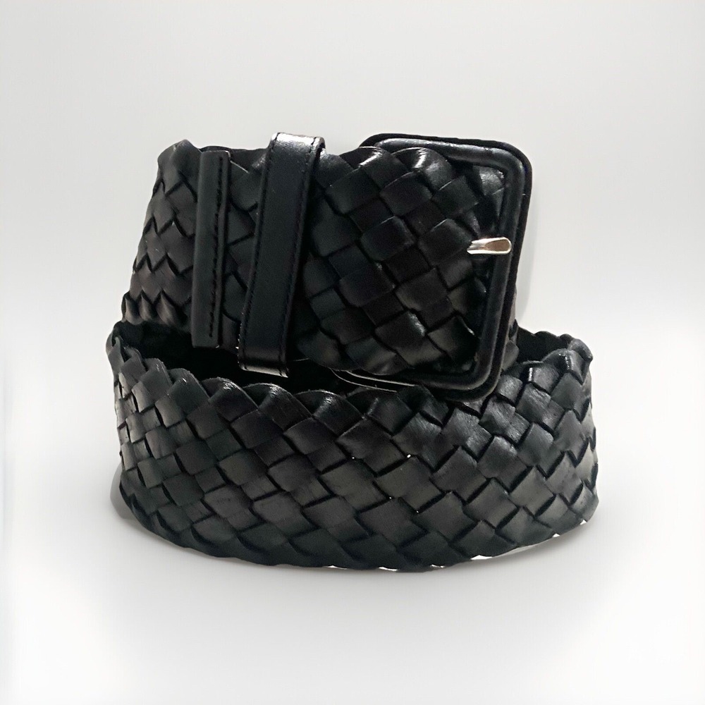 Club Monaco Belt S/M Womens Black Braided Woven 2.5" Wide Genuine Leather NWOT